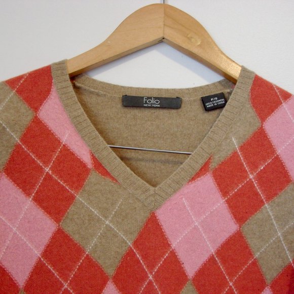 Cashmere Argyle V-neck Short Sleeve Sweater Beige Pink Size PS Petite Small - Picture 4 of 14